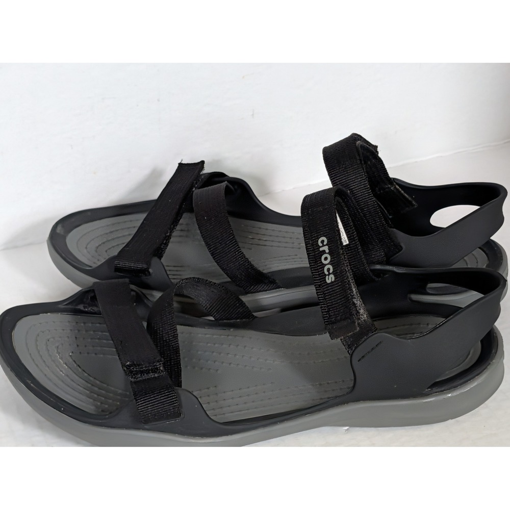 Crocs Swiftwater Sandals Women's Size 7 Black Gray Strappy Slingback Comfort